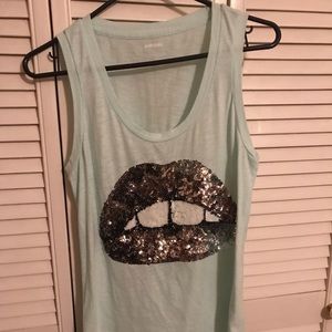 Sea foam green tank with Rolling Stones-style lips